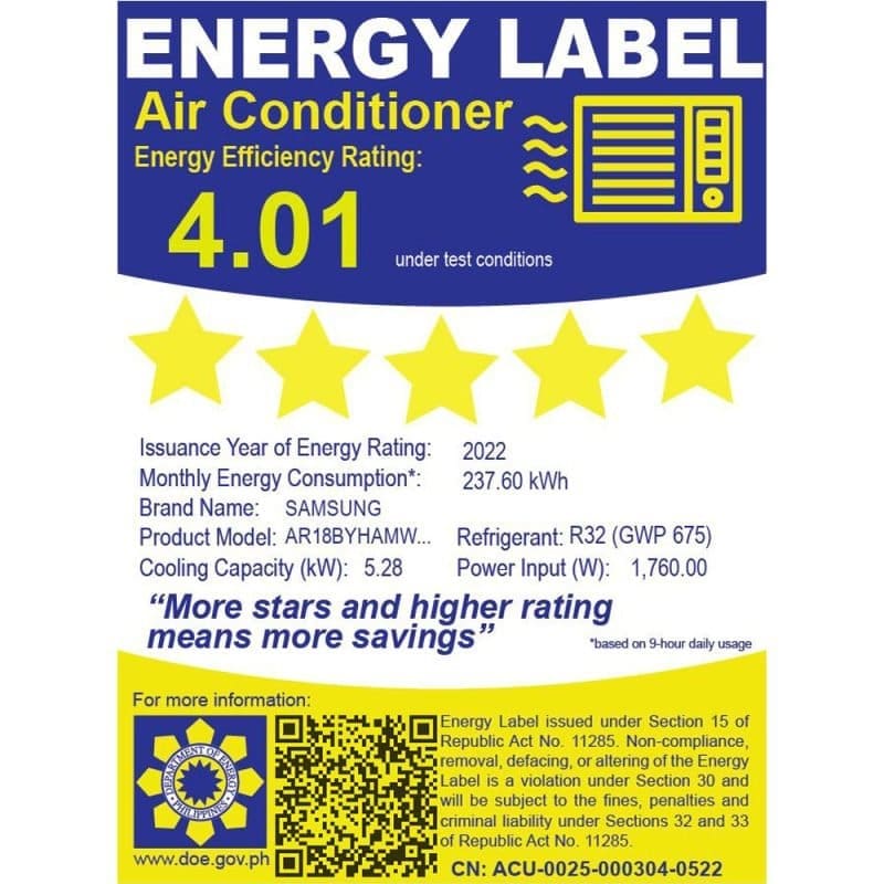 Samsung 2.0 HP WindFree™ Inverter Split Type Aircon Energy Label